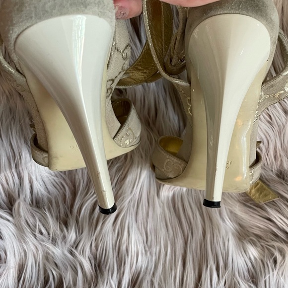 Gucci Gold Monogram Suede Ankle Strap Heels - Picture 5 of 11